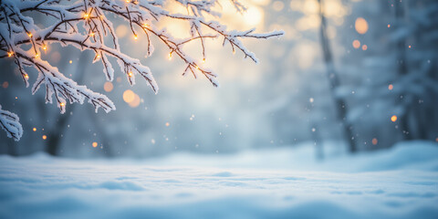 Poster - A serene winter scene showcasing snow-laden branches glistening with soft lights, creating a peaceful atmosphere in a snowy landscape during the evening for environment.