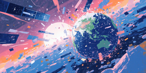 Aufkleber - An imaginative illustration depicting Earth surrounded by colorful fragments in space, conveying a sense of cosmic wonder and creativity for illustration.