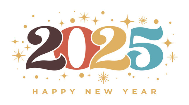 Happy New year 2025 isolated on white background, 
typography text lettering, card, Holiday Christmas background, vector, new year's eve, printable card, banner, poster