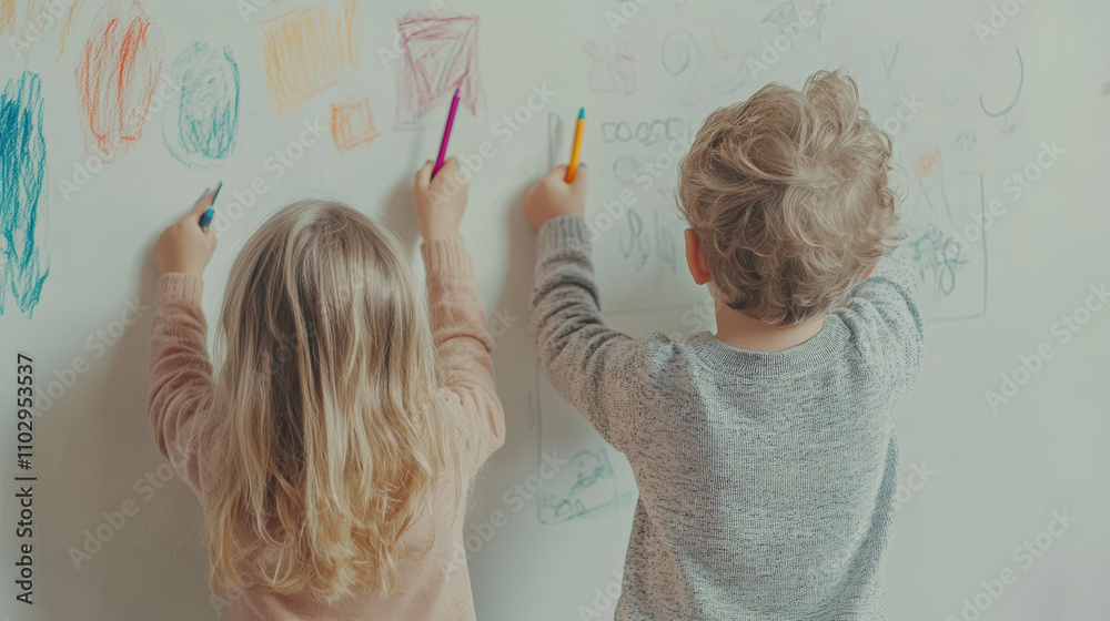 Ilustración de Stock Happy kids are drawing with crayons and pencils on ...