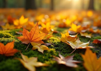 Wall Mural - Colorful autumn leaves scattered over a mossy ground in a sunlit forest