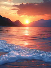 Poster - A serene sunset over calm waters, with gentle waves lapping at the shore and mountains in the distance, creating a picturesque and tranquil landscape for travel.