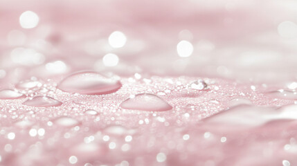 Poster - Close-up of water droplets on a soft pink surface, creating a sparkling effect with a bokeh background for beauty.
