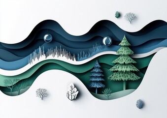 Poster - A serene paper cut landscape featuring layered waves, trees, and celestial elements in shades of blue and green.