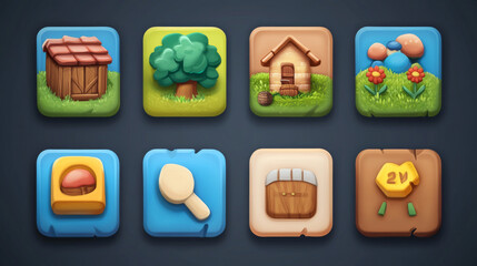Aufkleber - cute cartoon buttons, arrows, and signs for a farm app. the design uses blue, brown, and square/circ