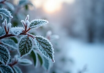 Wall Mural - Frosty leaves glisten in the early morning light of winter