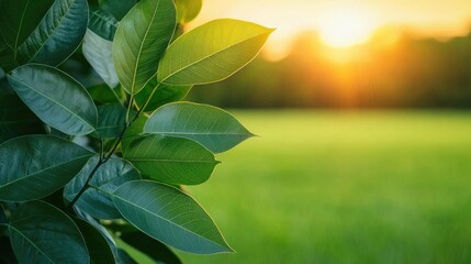 Poster - Green leaves illuminated by sunset, nature's vibrant colors, peaceful atmosphere.