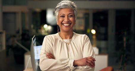 Aufkleber - Happy, crossed arms and portrait of mature woman in office with confidence for corporate career. Smile, night and professional female attorney manager with positive attitude and pride for legal job.