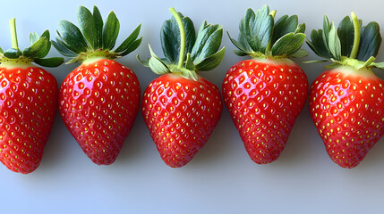 Canvas Print - Five ripe, red strawberries arranged in a row on a light gray background. Their green leaves are vibrant, showcasing freshness and perfect condition. A delicious and healthy treat.