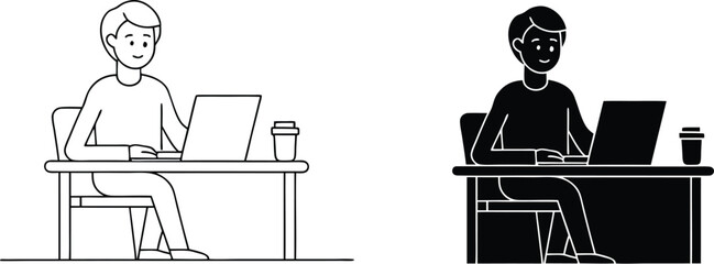 Aufkleber - Person Working on Laptop at Desk, Outline and Solid Versions