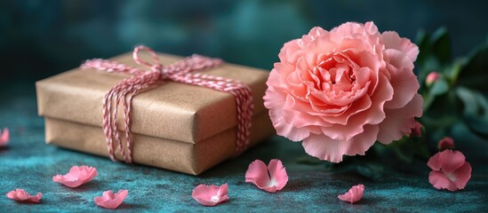 Sticker - Valentine and Mother's Day gift shopping theme with pink rose carnation and wrapped gift box on a textured table background