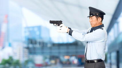 Leinwandbilder - 警察官、警察、警官、パトロール、セキュリティ、軍隊、拳銃、ピストル、発砲、射撃、訓練、警備員、警戒、犯罪、防犯、日本人、男性、危険、ハンドガン、緊急、自衛官、機動隊、犯人、現行犯、制圧、警告、トレーニング、警備、保安、ボディガード、巡回、監視、取り締まり、警備会社、制服、お巡りさん、交番、逮捕、犯行、現場、巡査、スローモーション、駅、駅前、都市、治安、社会、都会、繁華街、人物