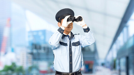 Leinwandbilder - 警察、警察官、パトロール、セキュリティ、安全、警備員、男性、双眼鏡、監視、警戒、警備、観察、巡回、日本人、警備会社、防犯、防災、制服、守衛、ガードマン、門番、見回り、取り締まり、見守り、職業、仕事、アルバイト、中年、ミドルエイジ、見る、探す、探索、捜索、発見、インフラ、老朽化、現場、建設、望遠鏡、見張る、上半身、スローモーション、駅、駅前、都市、治安、社会、都会、繁華街、人物