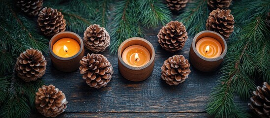 Sticker - Rustic Scandinavian eco-friendly dinner table decor featuring pine cones fir branches and candles for a cozy family celebration