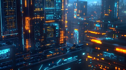 Poster - Futuristic cityscape with glowing neon lights and high-tech architecture.