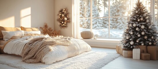 Sticker - Scandinavian style winter bedroom interior with festive tree cozy bed and natural light creating a warm holiday atmosphere