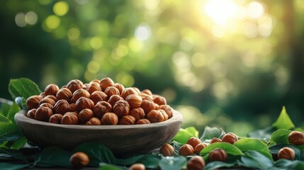 Wall Mural - Hazelnuts in a rustic bowl surrounded by greenery with soft sunlight creating a warm and inviting atmosphere in nature