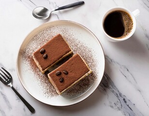 A plate of two slices Tiramisu cake and a cup coffee on white marble table. Top view