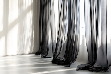 Wall Mural - Background Abstract Texture. Backlit window with black thin curtains in empty room clean. Sunlight shines evening through window modern and inside there are shadows light. Interior room decoration.	