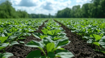 Wall Mural - Vibrant sunflower plants growing in a lush green field under a bright blue sky with scattered clouds showcasing agricultural beauty.