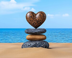 Wall Mural - valentine's day love sentimental concept, a heart-shaped stone rests atop a balanced stack of three 