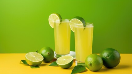 Refreshing mosambi juice served in clear glasses with fresh sweet lime fruits arranged artfully on a vibrant yellow and green background.