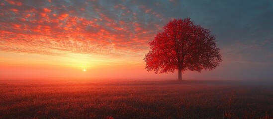 Wall Mural - Autumn sunrise with fog and dramatic clouds illuminating a vibrant red tree in a serene landscape setting.