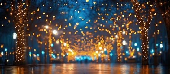 Wall Mural - Bokeh lights in festive colors create a magical atmosphere in a nighttime urban scene with glowing decorations and blurred backgrounds.