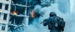 © DOUGLAS - soldier in tactical gear approaches burning, damaged building amidst smoke and debris, showcasing intense action