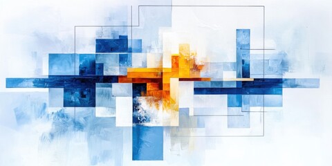 Poster - Abstract cityscape layered rectangles in cool blues with warm accents in urban digital art