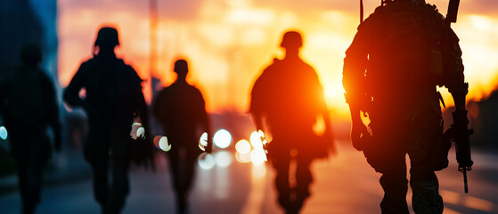 Poster - Silhouetted soldiers walk through urban environment at sunset, creating dramatic scene. warm glow of setting sun highlights their gear and cityscape in background