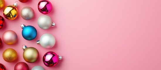 Poster - Festive Christmas ornaments arranged artistically on a soft pink background for a cheerful holiday atmosphere.