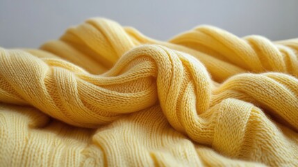 Poster - Crumpled yellow knitted fabric showcasing casual texture and warmth on a neutral background for fashion and design concepts