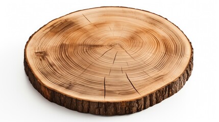 Poster - Natural wooden tree slice on a white background perfect for rustic decor or serving tray applications in photography or design projects.