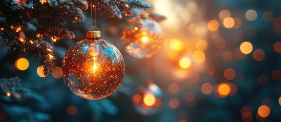 Poster - Glowing festive baubles hanging on tree branches with blurred warm bokeh background creating a magical holiday atmosphere