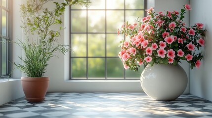 Sticker - Bright floral arrangement in a modern room with patterned flooring and large windows showcasing natural light and greenery.