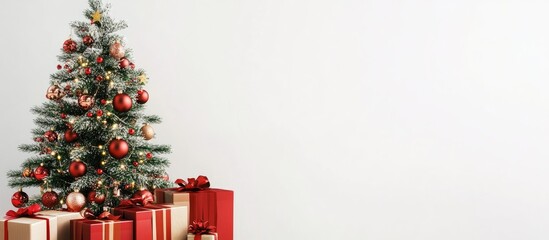 Poster - Festively decorated Christmas tree with colorful ornaments and presents against a minimalistic white background during the holiday season