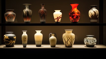 Poster - Artistic showcase of diverse vase designs highlighting intricate patterns and textures in a contemporary display environment