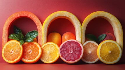 Poster - Vibrant fruit textures arranged in semicircle shapes with shadows on a bold red background showcasing oranges and grapefruits.