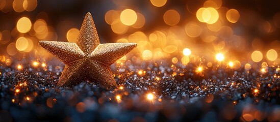 Poster - Golden sparkling star ornament on a glittering surface with warm bokeh lights creating a festive and magical atmosphere.