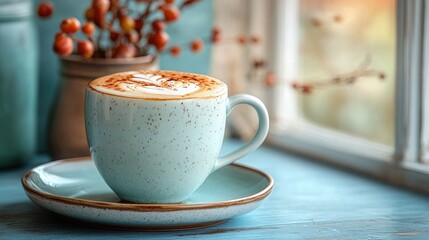 Canvas Print - Cappuccino coffee in a light blue cup on a plate with autumn decor against a soft blue background near a window.