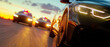 © DOUGLAS - high speed chase at sunset with police cars pursuing vehicle on highway, creating tense and dramatic scene