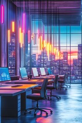 Poster - Modern office space with computers and vibrant lighting, showcasing a city skyline at sunset.