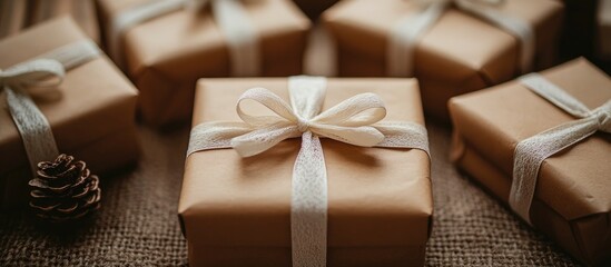 Canvas Print - Eco friendly gift boxes wrapped with white ribbon on rustic burlap background for sustainable gifting and festive occasions