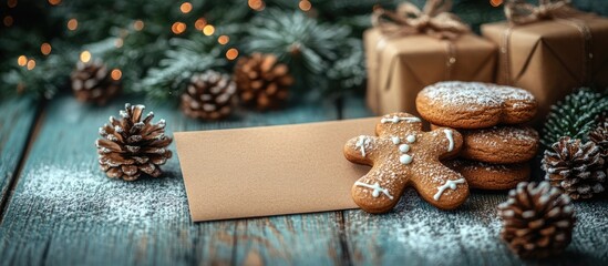 Canvas Print - Gingerbread cookies and blank Christmas card on wooden background decorated with snow and festive pinecones for holiday celebrations