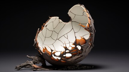 Poster - Cracked egg shell with intricate detailing showcasing a blend of textures and colors on a dark background for artistic representation.