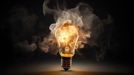 Poster - Electric light bulb emitting glow surrounded by swirling smoke in a dramatic studio setting