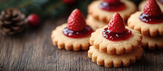 Canvas Print - Christmas cookies shaped like trees topped with strawberry jam on rustic wooden background adorned with pinecones and holiday decor.