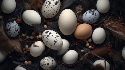Poster - Assorted eggs with various speckles and colors arranged artistically on a dark textured background with feathers and decorative elements.