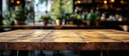 Poster - Rustic wooden table foreground with softly blurred cafe interior and warm ambient lighting in the background showcasing a relaxed atmosphere